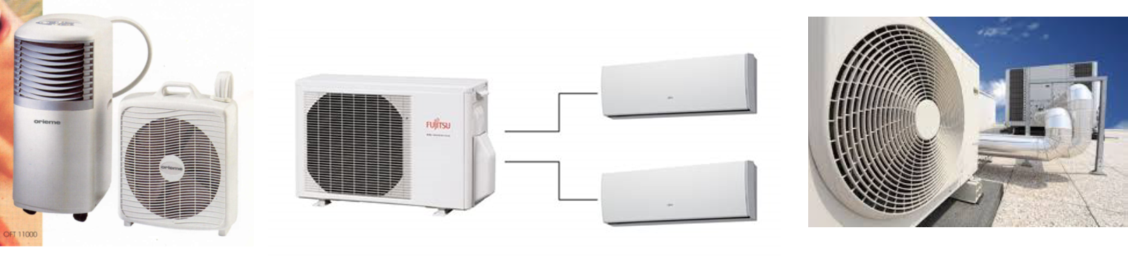 Différents formats de climatiseurs à compression : système mono-split, multi-split, centrale de traitement d'air en toiture.